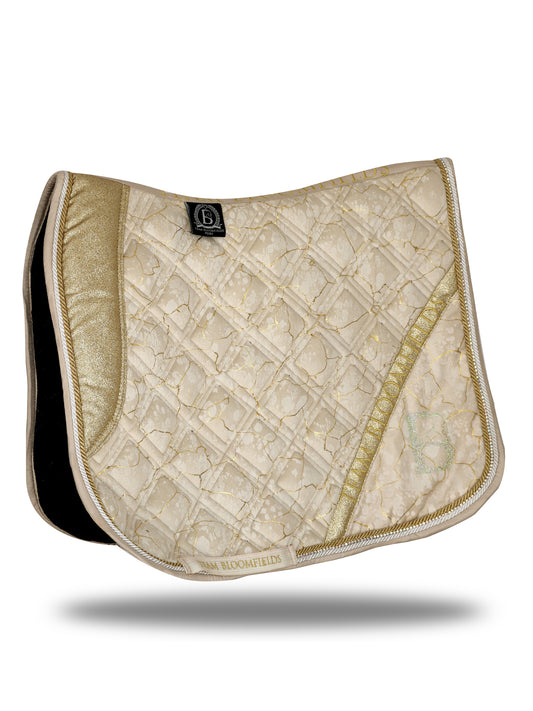 Electra cream and gold dressage saddle pad with marble effect print, gold glitter panel and diamanté Bloomfields B by Team Bloomfields, available in pony cob and full