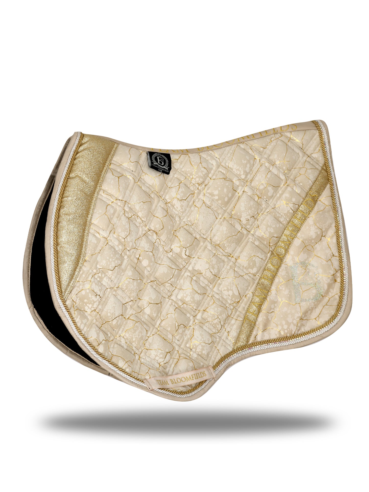 Electra cream and gold jump saddle pad with marble effect print, gold glitter panel and diamanté Bloomfields B by Team Bloomfields, available in pony cob and full