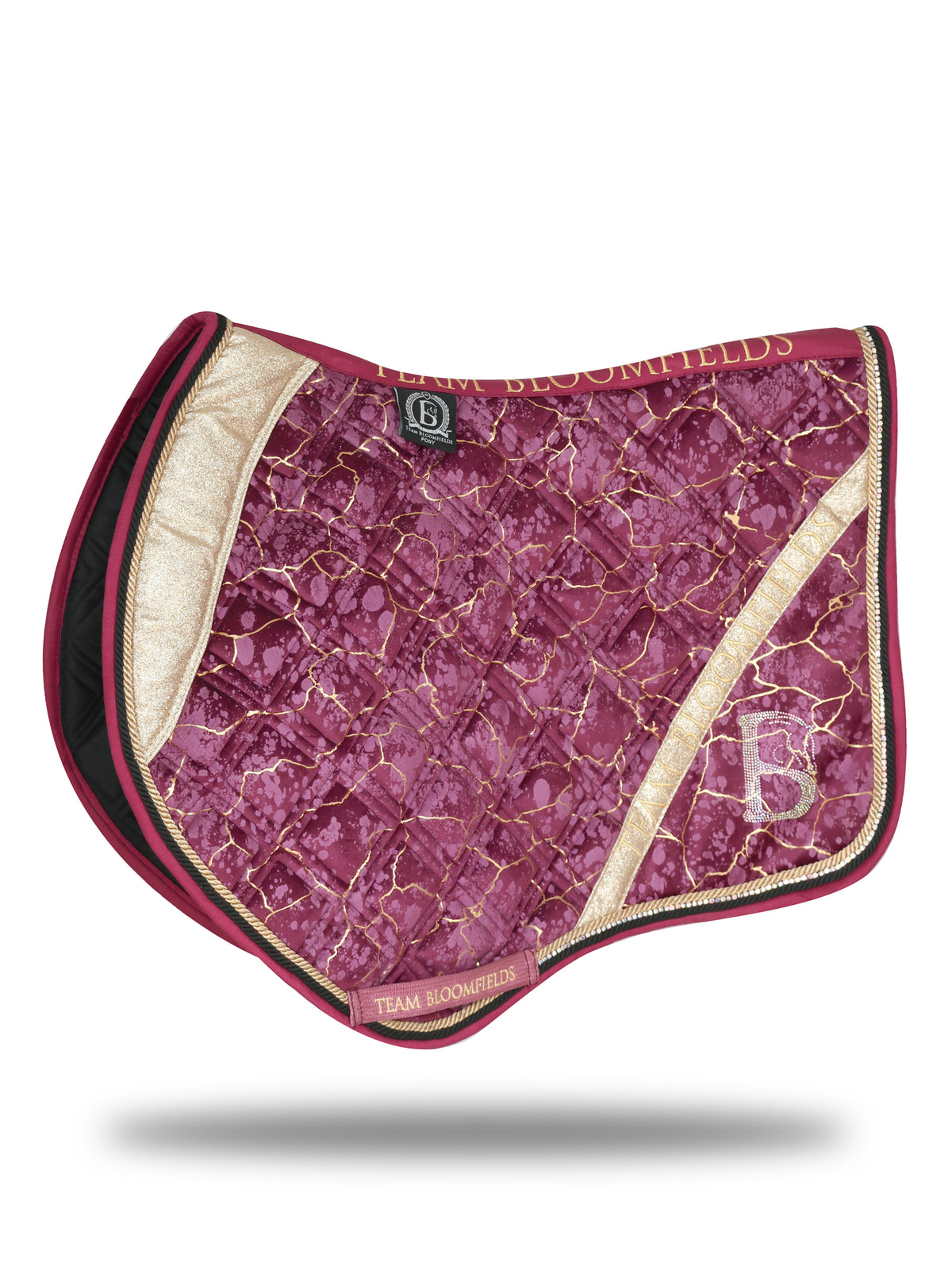 Electra mulberry and gold jump saddle pad with marble effect print, gold glitter panel and diamanté Bloomfields B by Team Bloomfields, available in pony cob and full