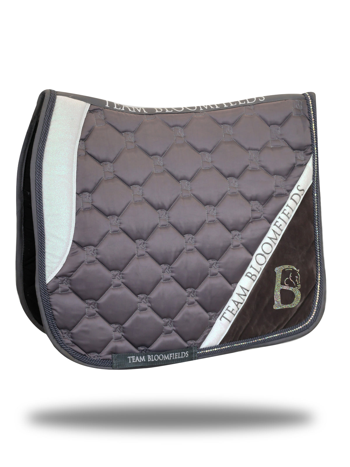Grey and white sparkle dressage saddle pad with white glitter panel and diamanté Bloomfields B by Team Bloomfields, available in pony cob and full