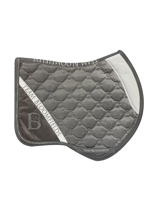 Grey and white sparkle jump saddle pad with white glitter panel and diamanté Bloomfields B by Team Bloomfields, available in pony cob and full
