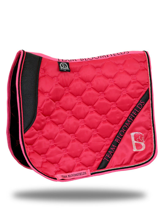 Hot pink and black glitter dressage saddle pad with rhinestone Bloomfields logo by Team Bloomfields, available in pony cob and full