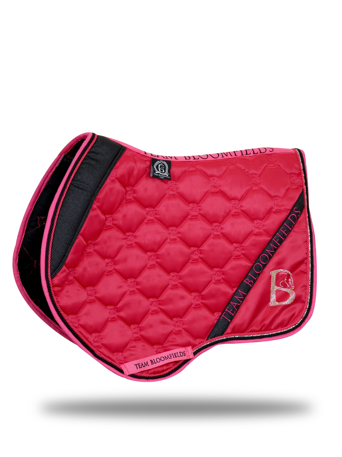 Hot pink and black glitter jump saddle pad with black glitter panel and diamanté Bloomfields B by Team Bloomfields, available in pony cob and full