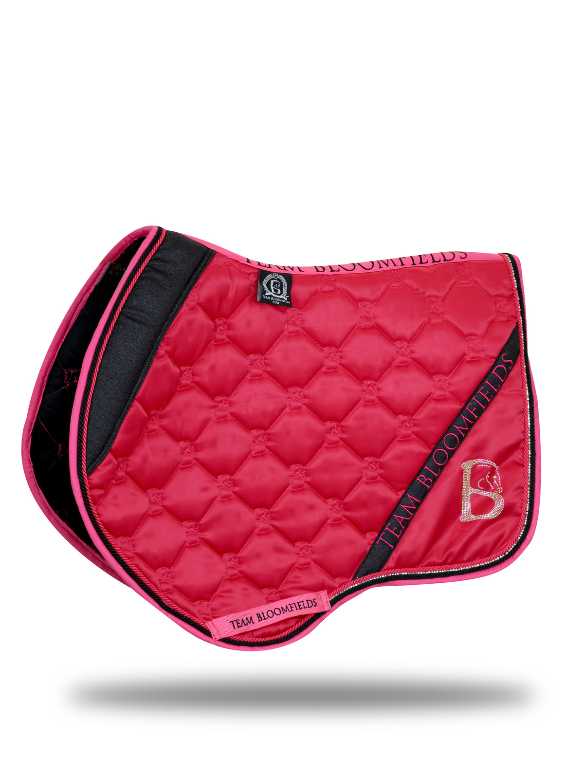 Hot pink and black glitter jump saddle pad with black glitter panel and diamanté Bloomfields B by Team Bloomfields, available in pony cob and full