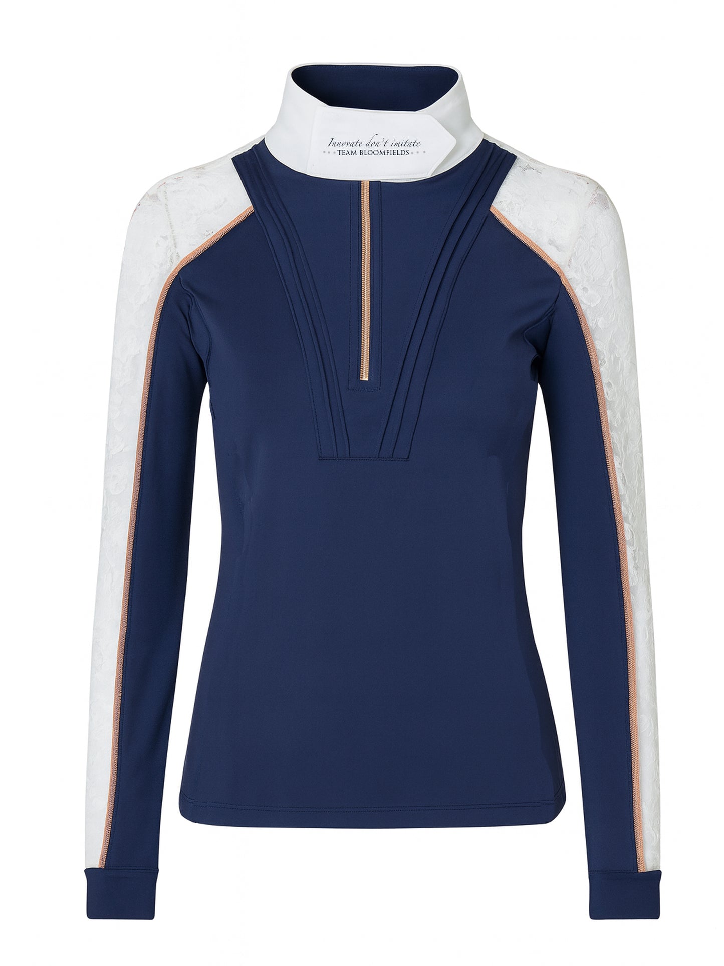 Kids navy show shirt with white lace shoulder panels, pleated V chest detail and quarter zip by Team Bloomfields, available in age sizes