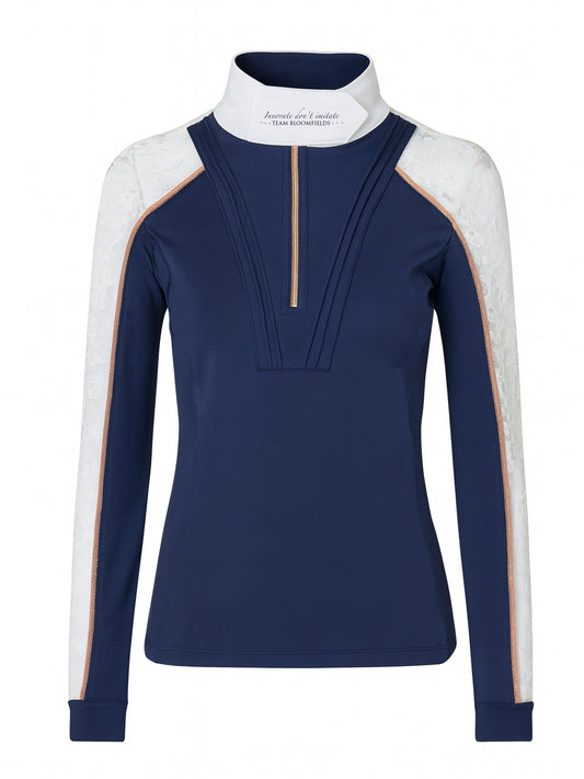 Kids navy show shirt with white lace shoulder panels, pleated V chest detail and quarter zip by Team Bloomfields, available in age sizes