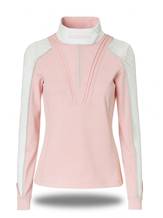 Kids pink show shirt with white lace shoulder panels, pleated V chest detail and quarter zip by Team Bloomfields, available in age sizes