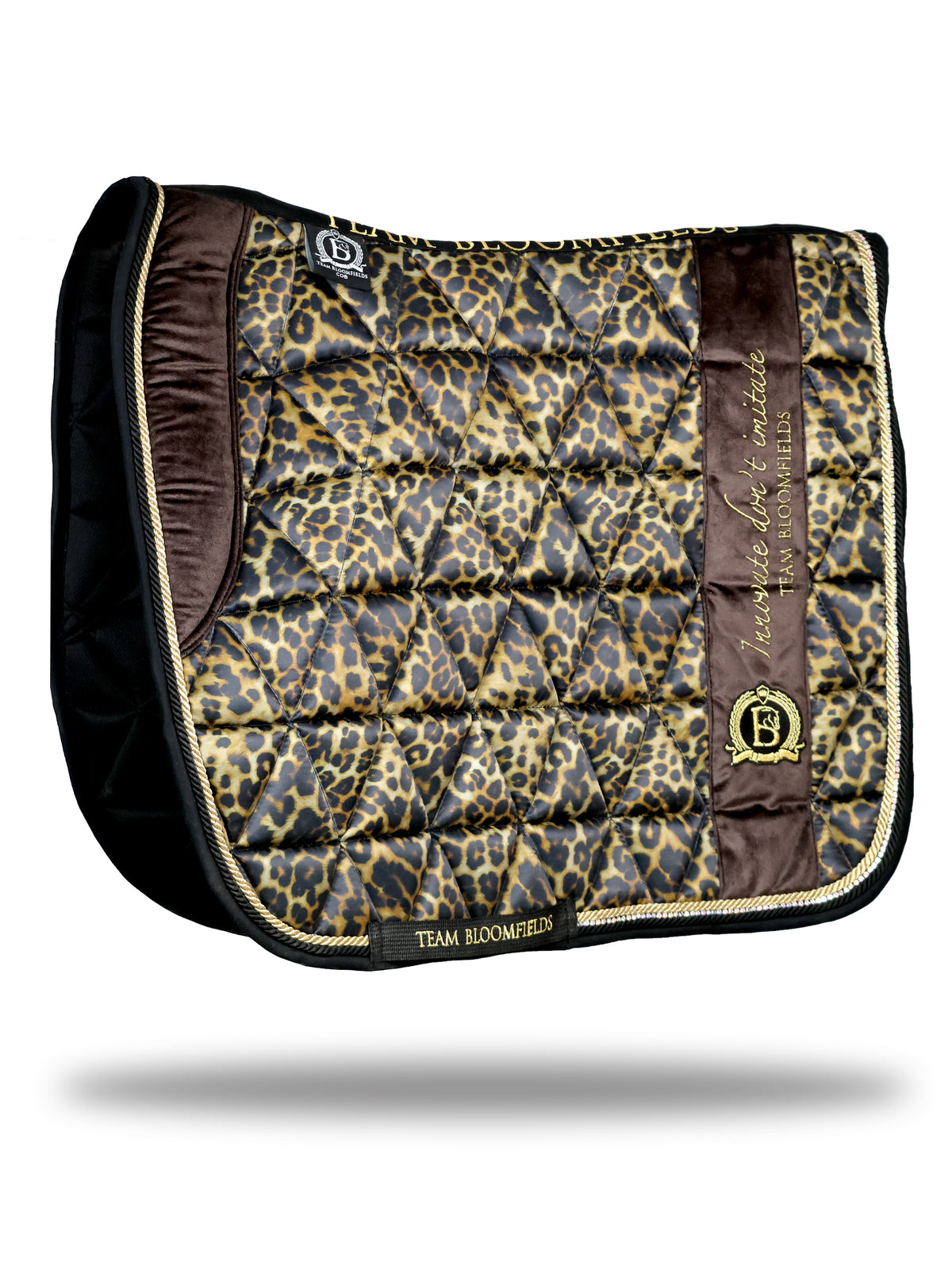 Leopard print dressage saddle pad with all over animal print and embroidered Bloomfields crest by Team Bloomfields, available in pony cob and full
