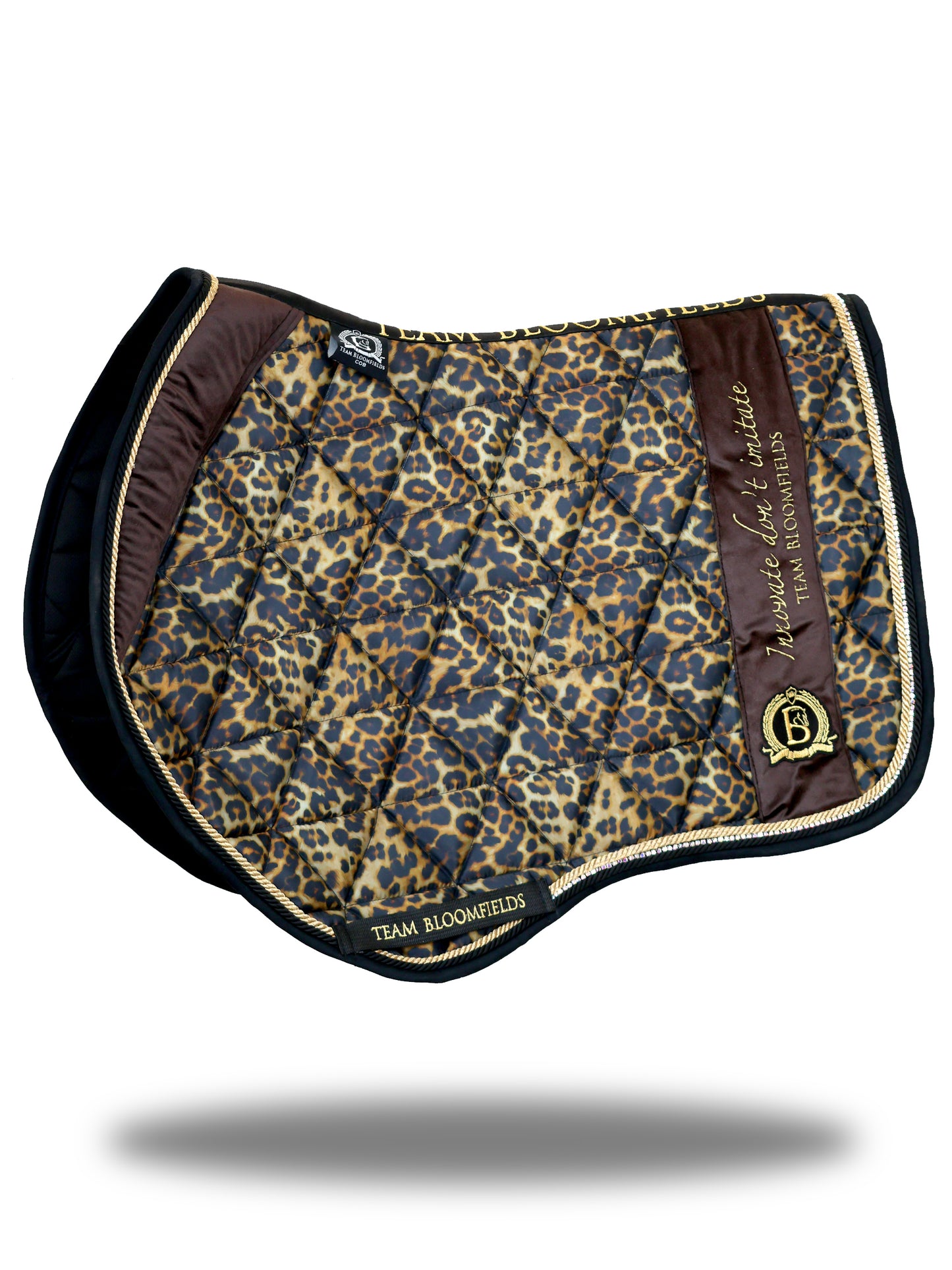 Leopard print jump saddle pad with all over animal print and embroidered Bloomfields crest by Team Bloomfields, available in pony cob and full
