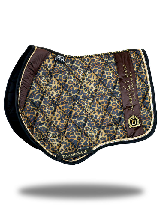 Leopard print jump saddle pad with all over animal print and embroidered Bloomfields crest by Team Bloomfields, available in pony cob and full