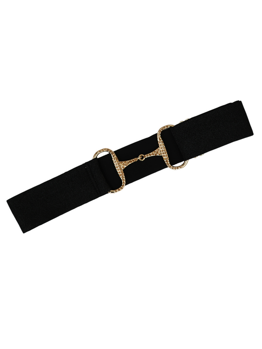 Metallic black elastic equestrian belt with gold diamante snaffle buckle by Team Bloomfields, one size fits all for women and children
