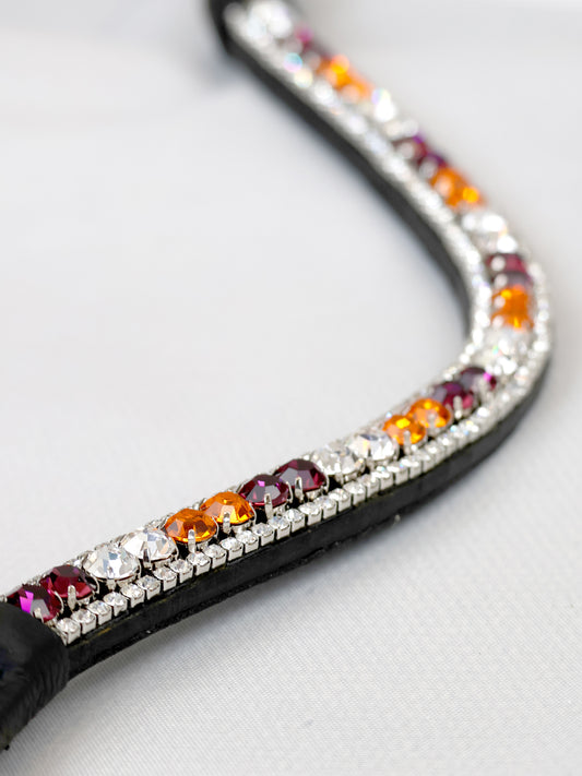 Multi bronze, pink & silver V shape browband on black leather by Team Bloomfields, showing marquise cut rhinestone detail with clear accent stones, available in pony cob and full size