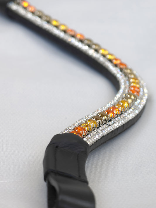 Multi Copper & Silver crystal V shape browband on black leather by Team Bloomfields, showing marquise cut rhinestone detail with clear accent stones, available in pony cob and full size