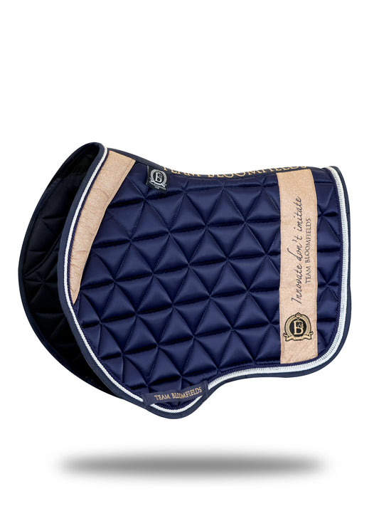 Navy and rose gold sparkle jump saddle pad with glitter piping and rhinestone Bloomfields logo by Team Bloomfields