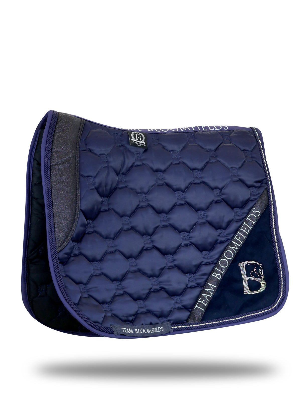 Navy sparkle dressage saddle pad with tonal navy glitter panel and diamanté Bloomfields B by Team Bloomfields, available in pony cob and full