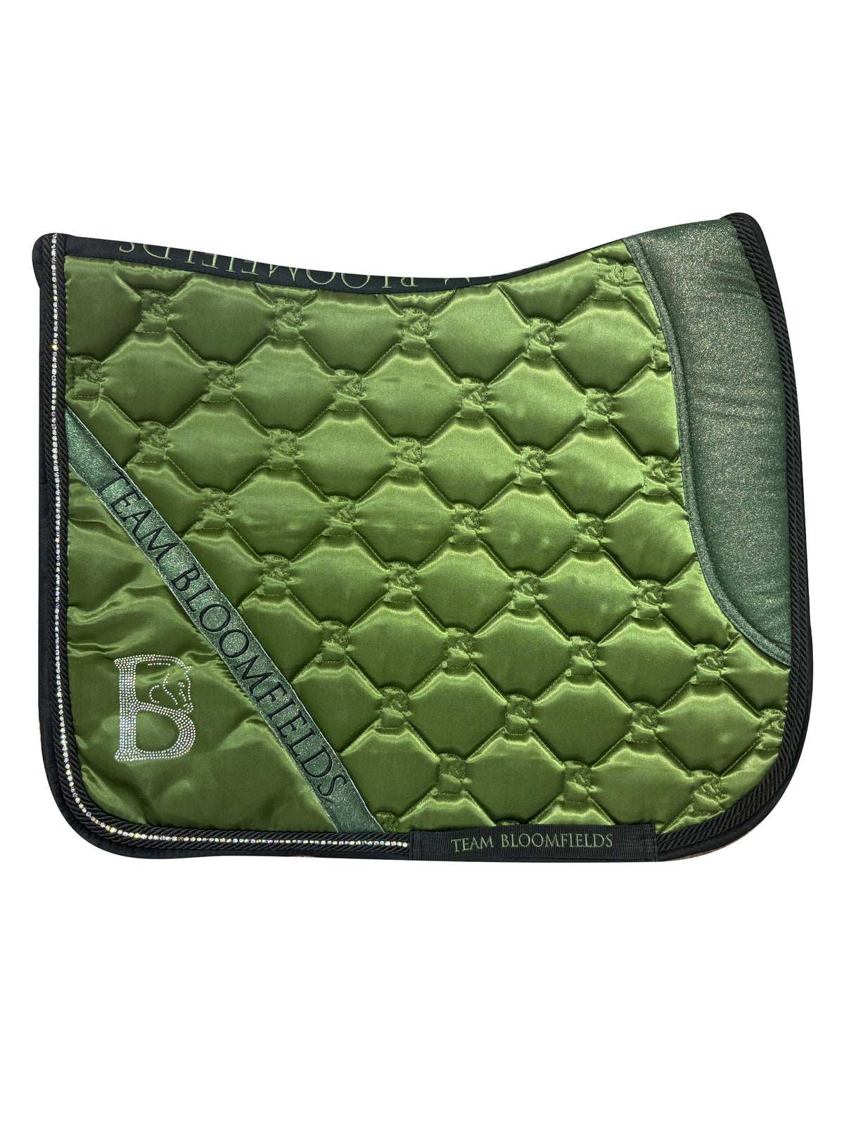 Olive sparkle dressage saddle pad with glitter panel and diamanté Bloomfields B by Team Bloomfields, available in pony cob and full