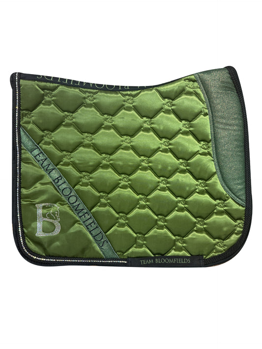 Olive sparkle dressage saddle pad with glitter panel and diamanté Bloomfields B by Team Bloomfields, available in pony cob and full