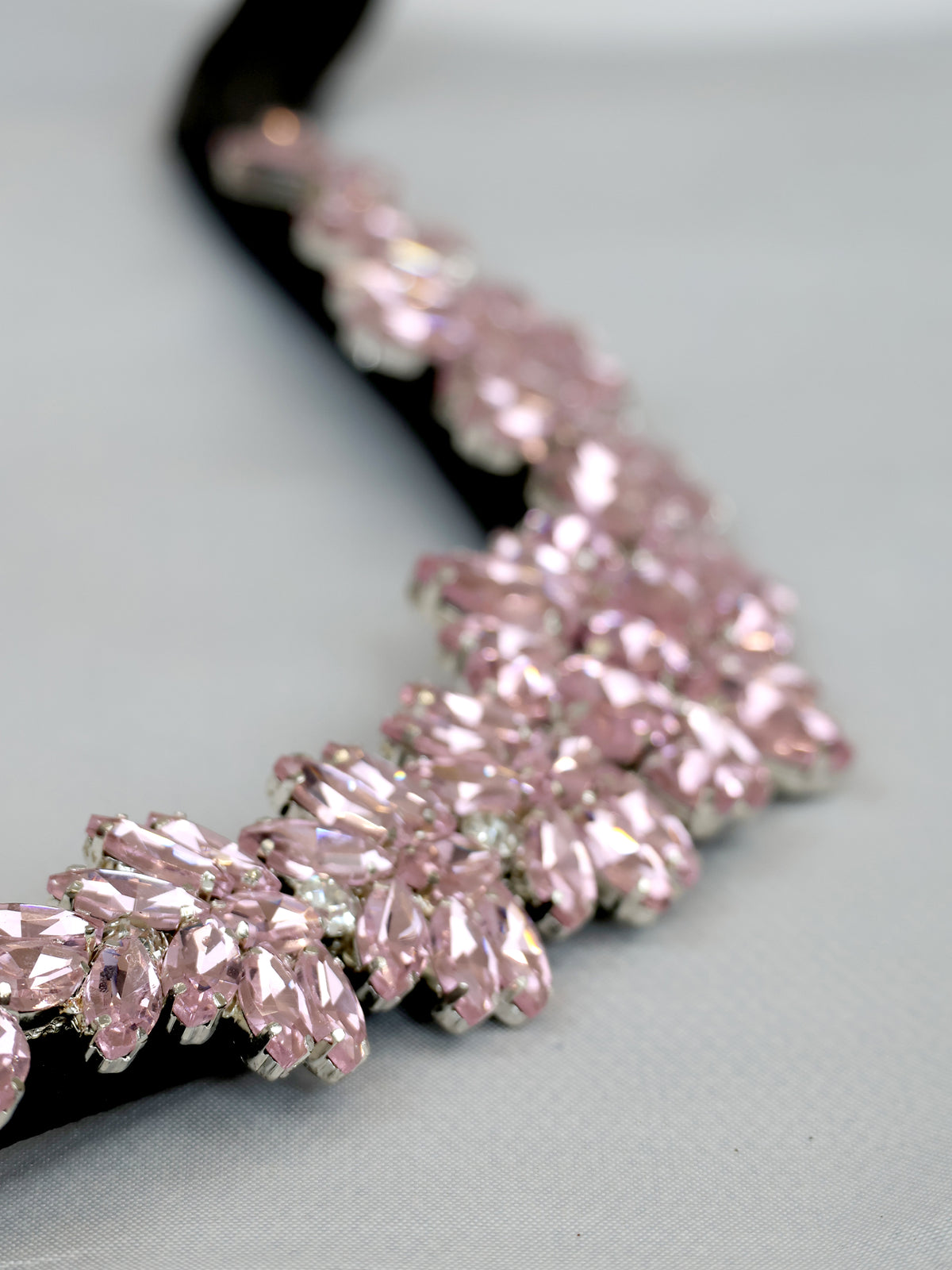 Pink crystal V shape browband on black leather by Team Bloomfields, showing marquise cut rhinestone detail, available in pony cob and full size