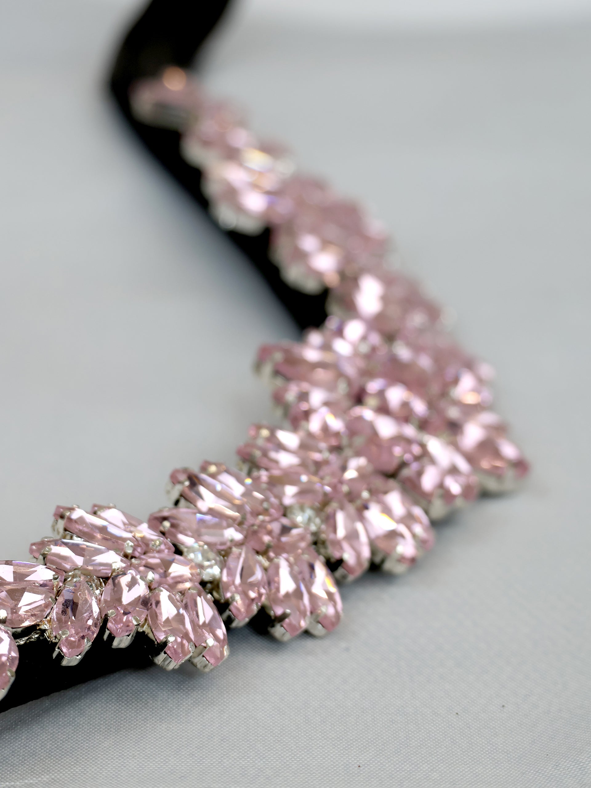 Pink crystal V shape browband on black leather by Team Bloomfields, showing marquise cut rhinestone detail, available in pony cob and full size