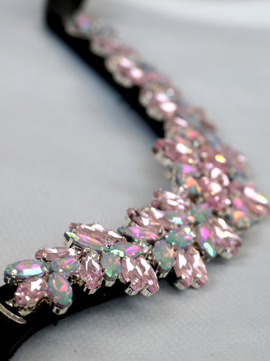 Pink and Iridescent Rainbow V shape browband on brown leather by Team Bloomfields, showing marquise cut rhinestone detail with clear accent stones, available in pony cob and full size