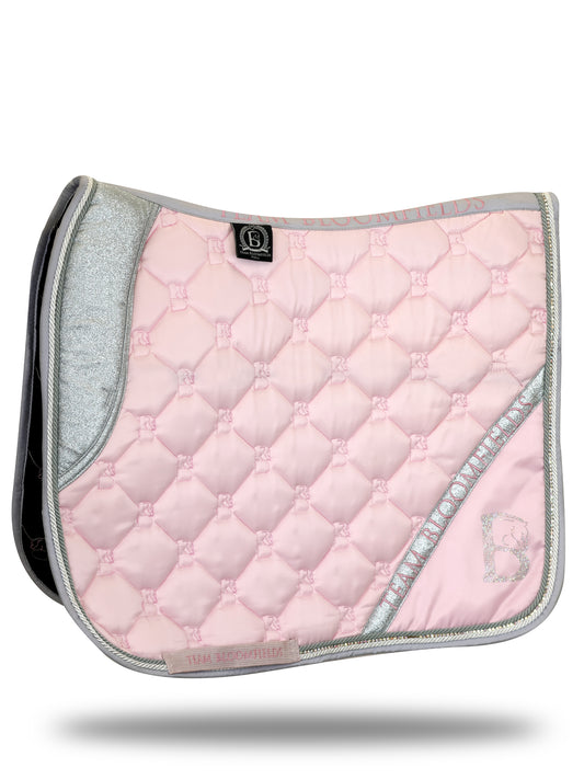 Pink and silver sparkle dressage saddle pad with silver glitter panel and diamanté Bloomfields B by Team Bloomfields, available in pony cob and full