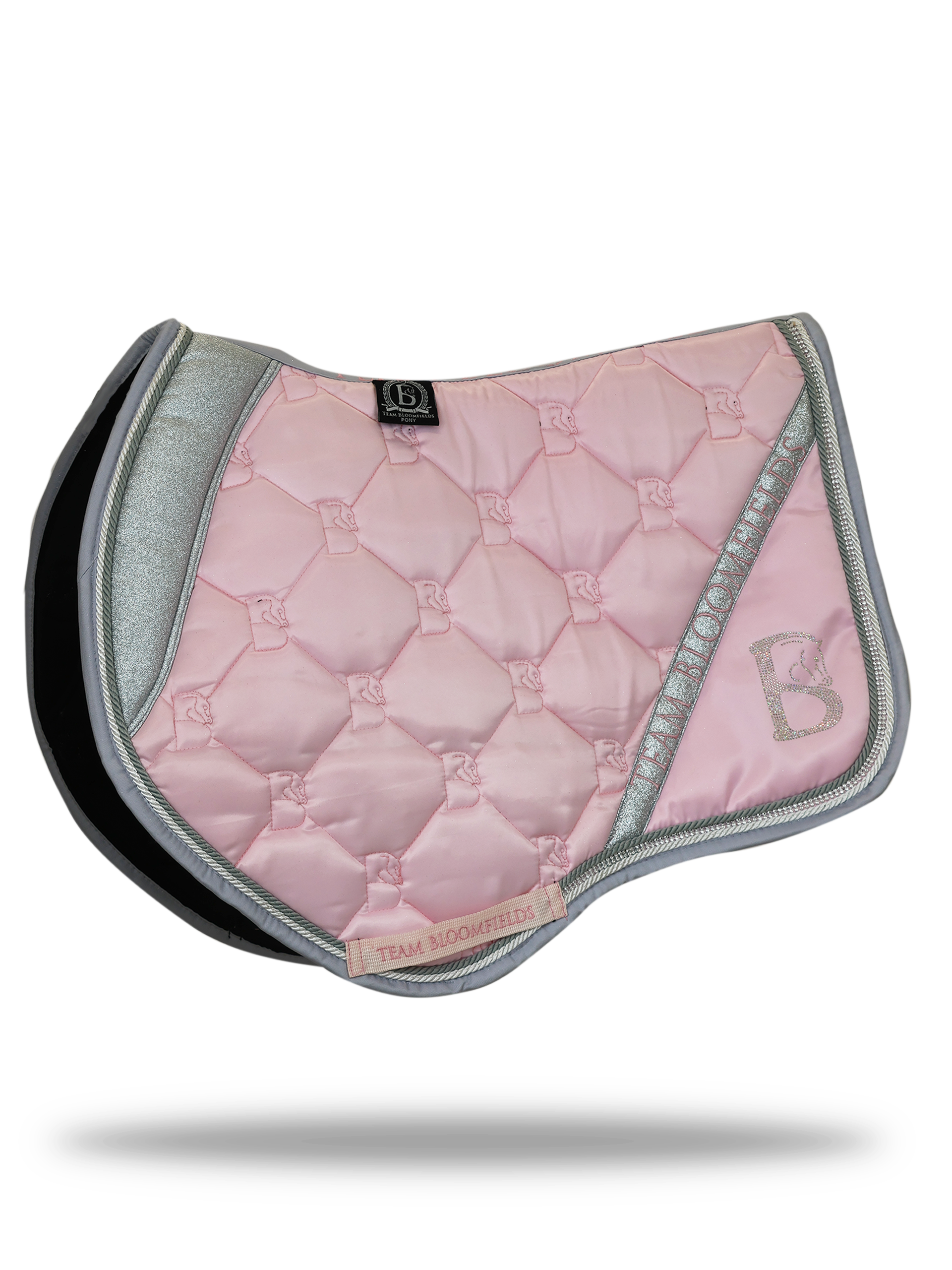 Pink and silver sparkle jump saddle pad with silver glitter panel and diamanté Bloomfields B by Team Bloomfields, available in pony cob and full