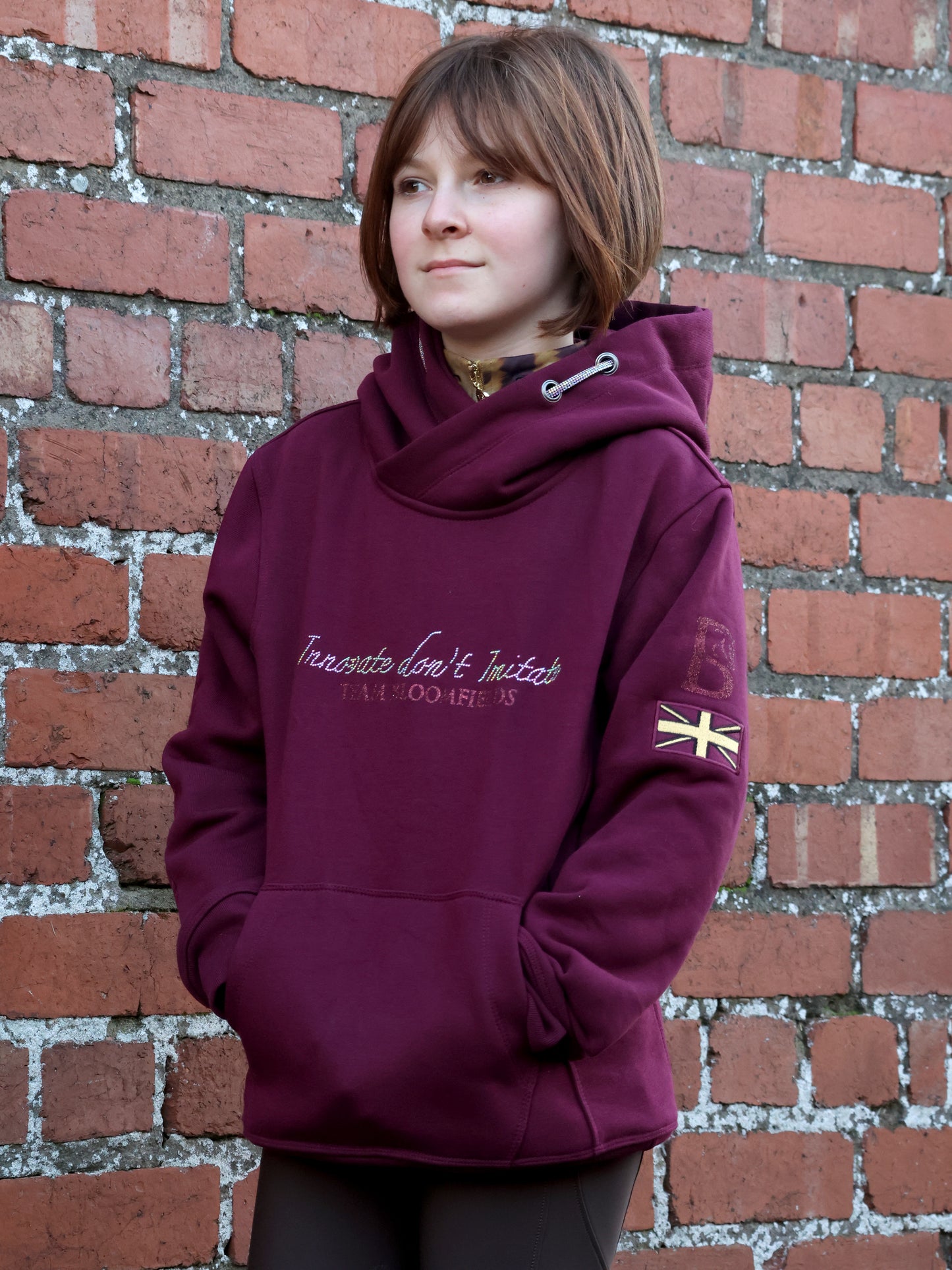 Kids Amelia Burgundy & Rhinestones Cross Necked Hoodie