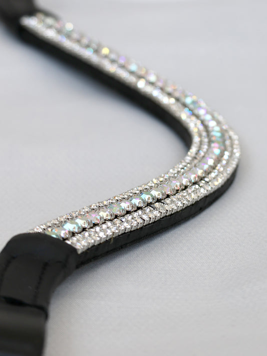 Silver and aurora crystal curved browband on black leather by Team Bloomfields, showing triple row rhinestone detail, available in pony cob and full size