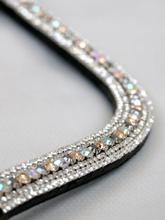 Silver and champagne crystal curved browband on black leather by Team Bloomfields, showing triple row rhinestone detail with aurora centre row, available in pony cob and full size