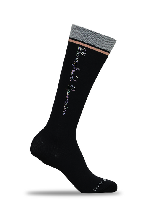 Trinity black crystal knee high riding socks with silver rhinestone Team Bloomfields script, silver ribbed band and rose gold stripe, available in S and L