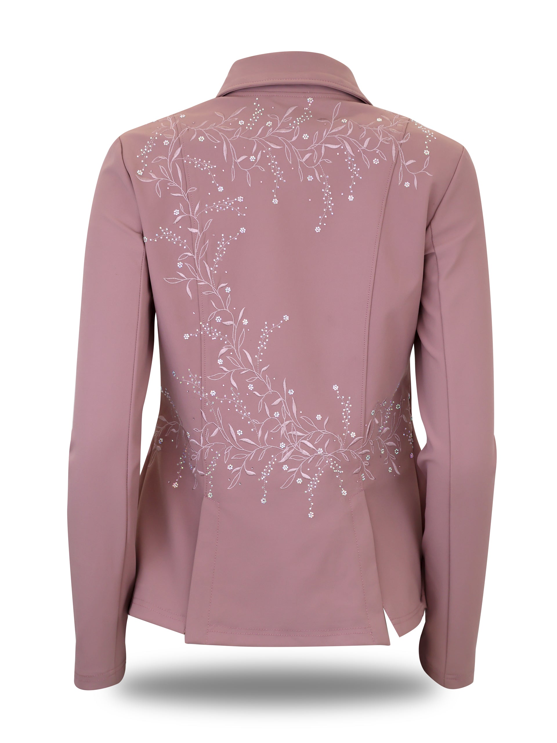 Back view of Vivienne adult show jacket in mauve showcasing the cascading embroidered floral vines and crystals