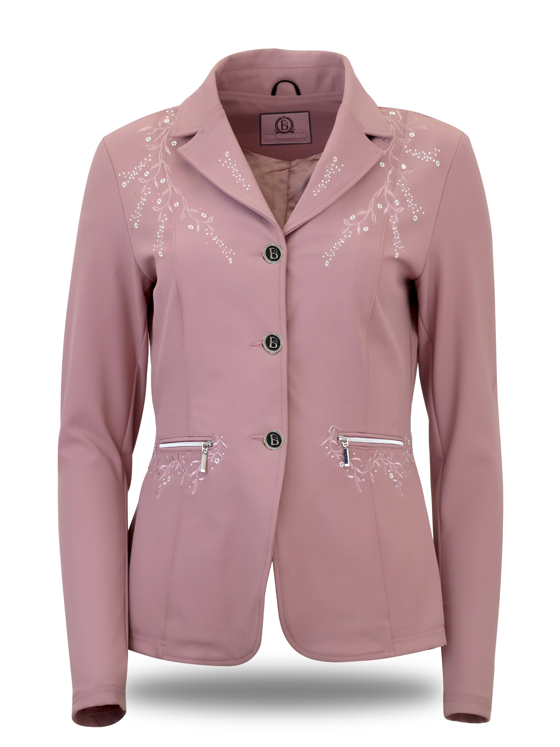 Front view of Vivienne adult equestrian show jacket in mauve color showing silver branded buttons and zip pockets