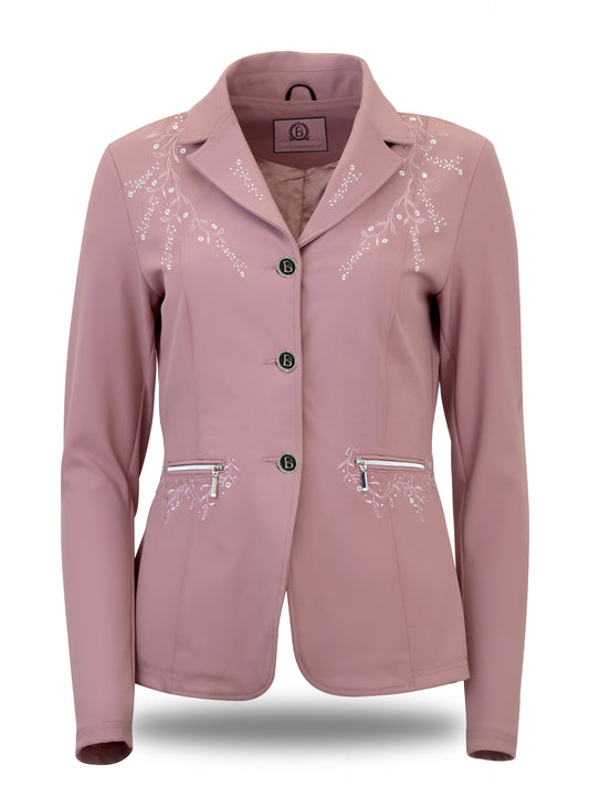 Front view of Vivienne adult equestrian show jacket in mauve color showing silver branded buttons and zip pockets