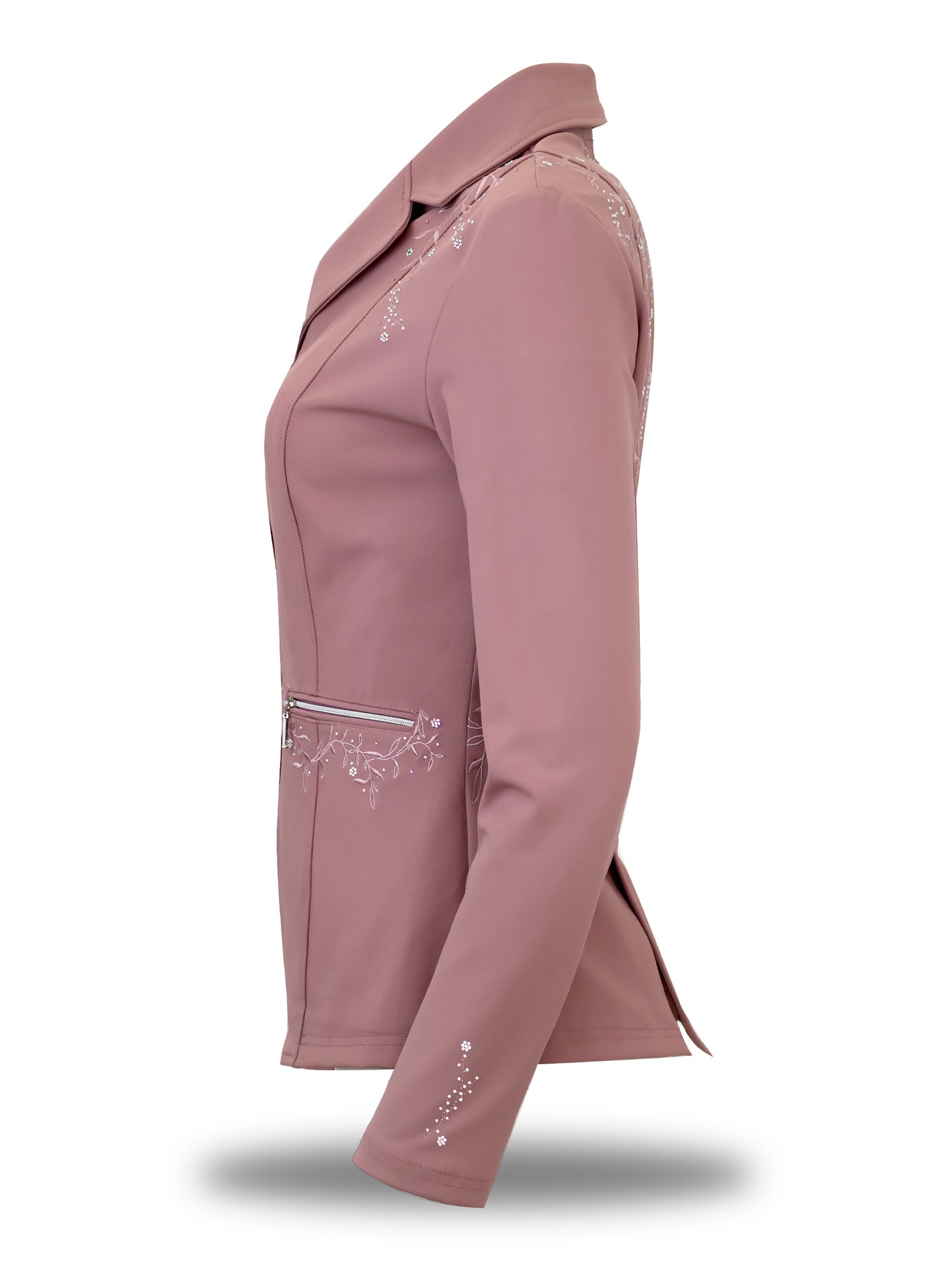 Left profile view of the tailored mauve Vivienne women's show coat highlighting the slim fit silhouette