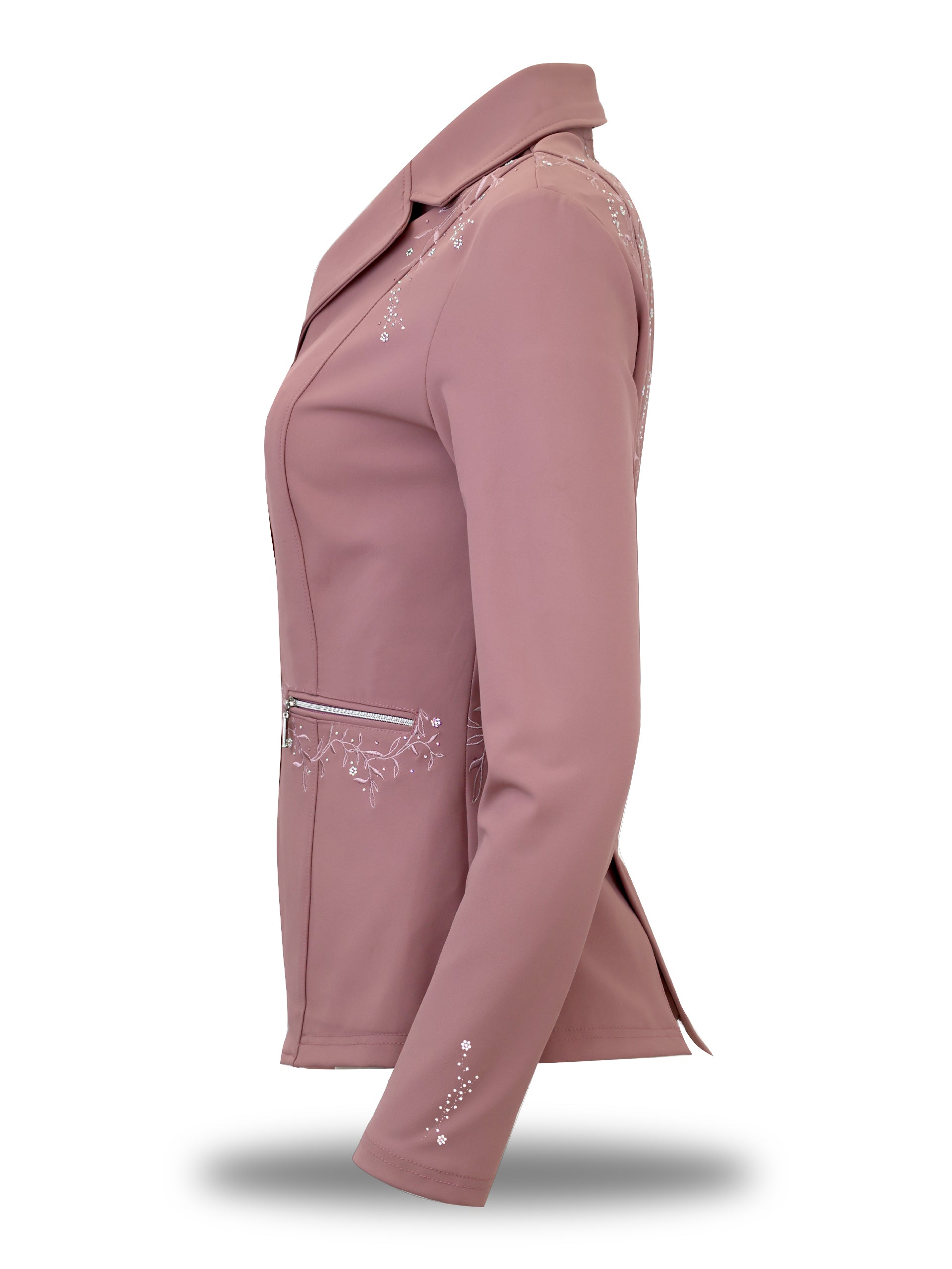 Left profile view of the tailored mauve Vivienne women's show coat highlighting the slim fit silhouette