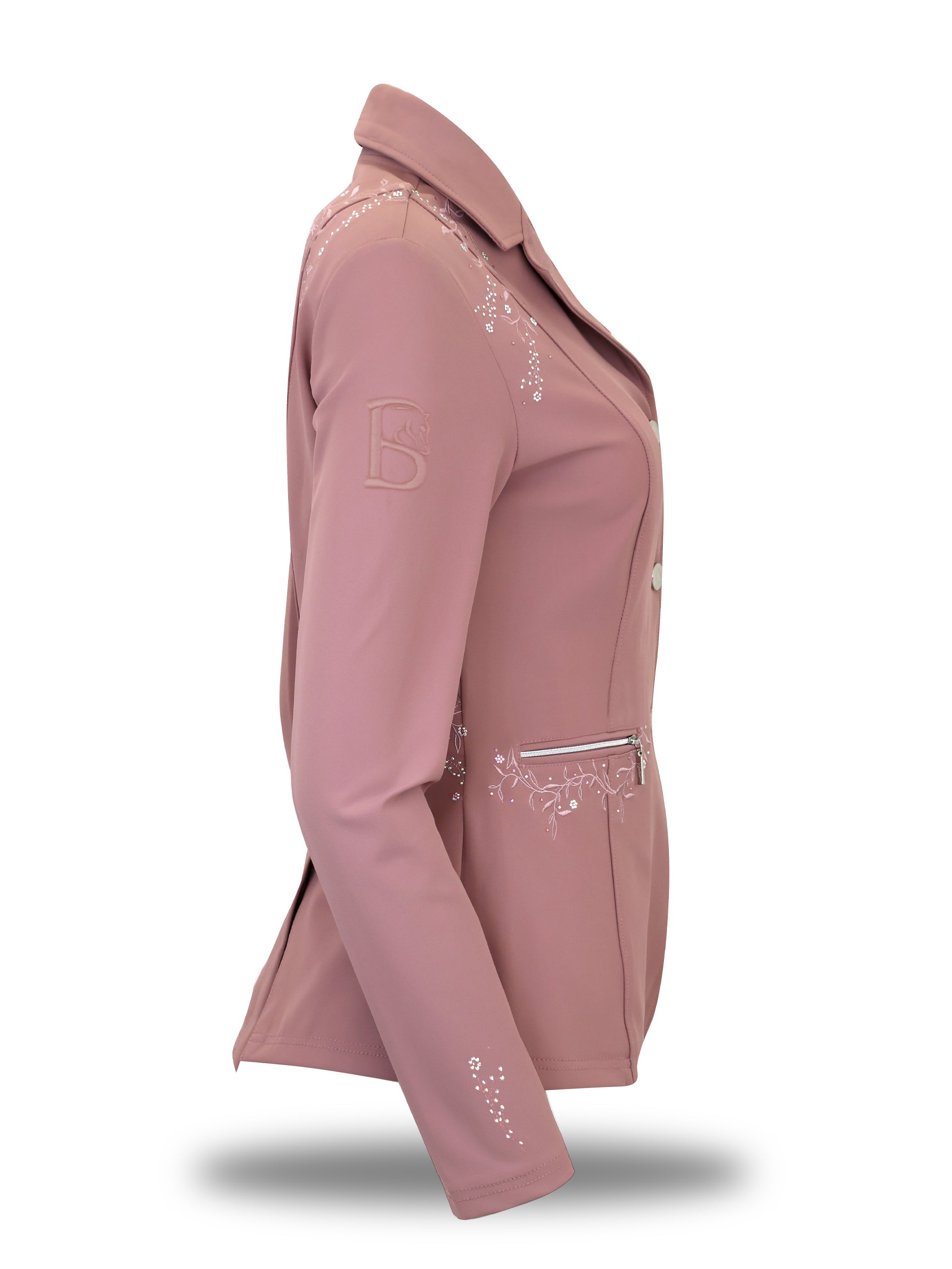 Right side view of adult mauve Vivienne riding jacket showing the signature embossed logo on the sleeve