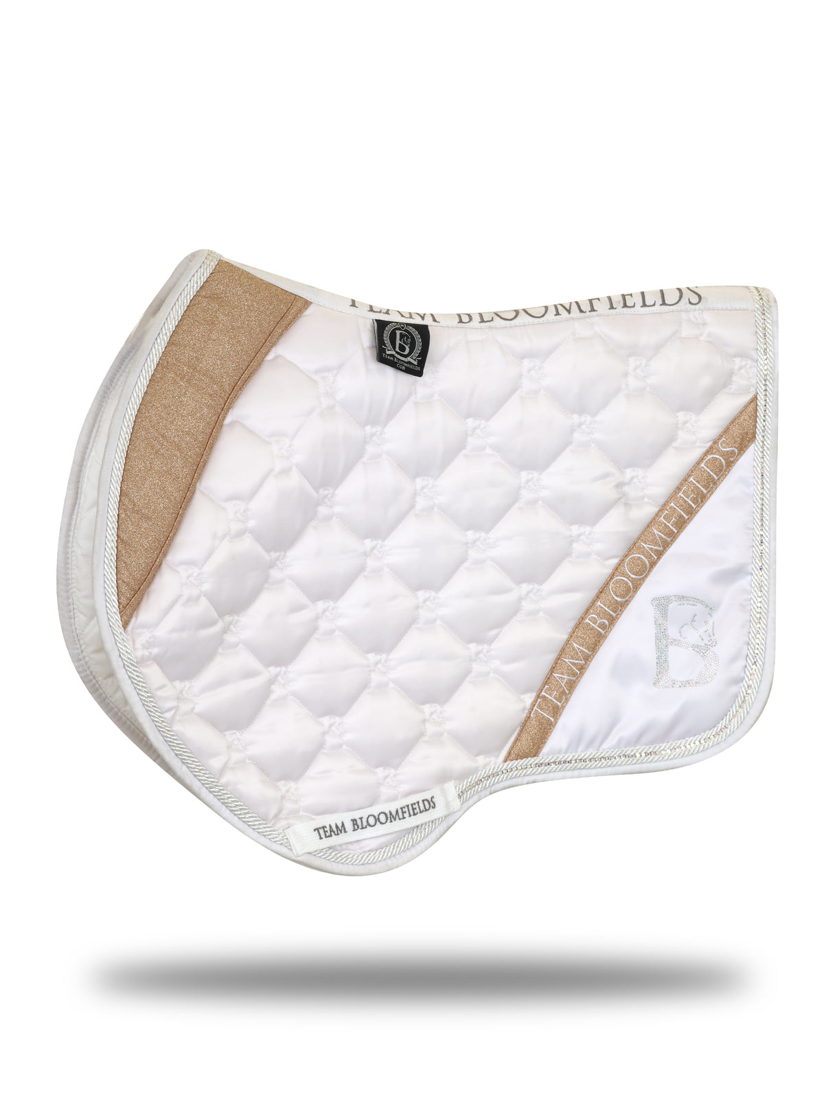 White and rose gold sparkle jump saddle pad with rose gold glitter panel and diamanté Bloomfields B by Team Bloomfields, available in pony cob and full