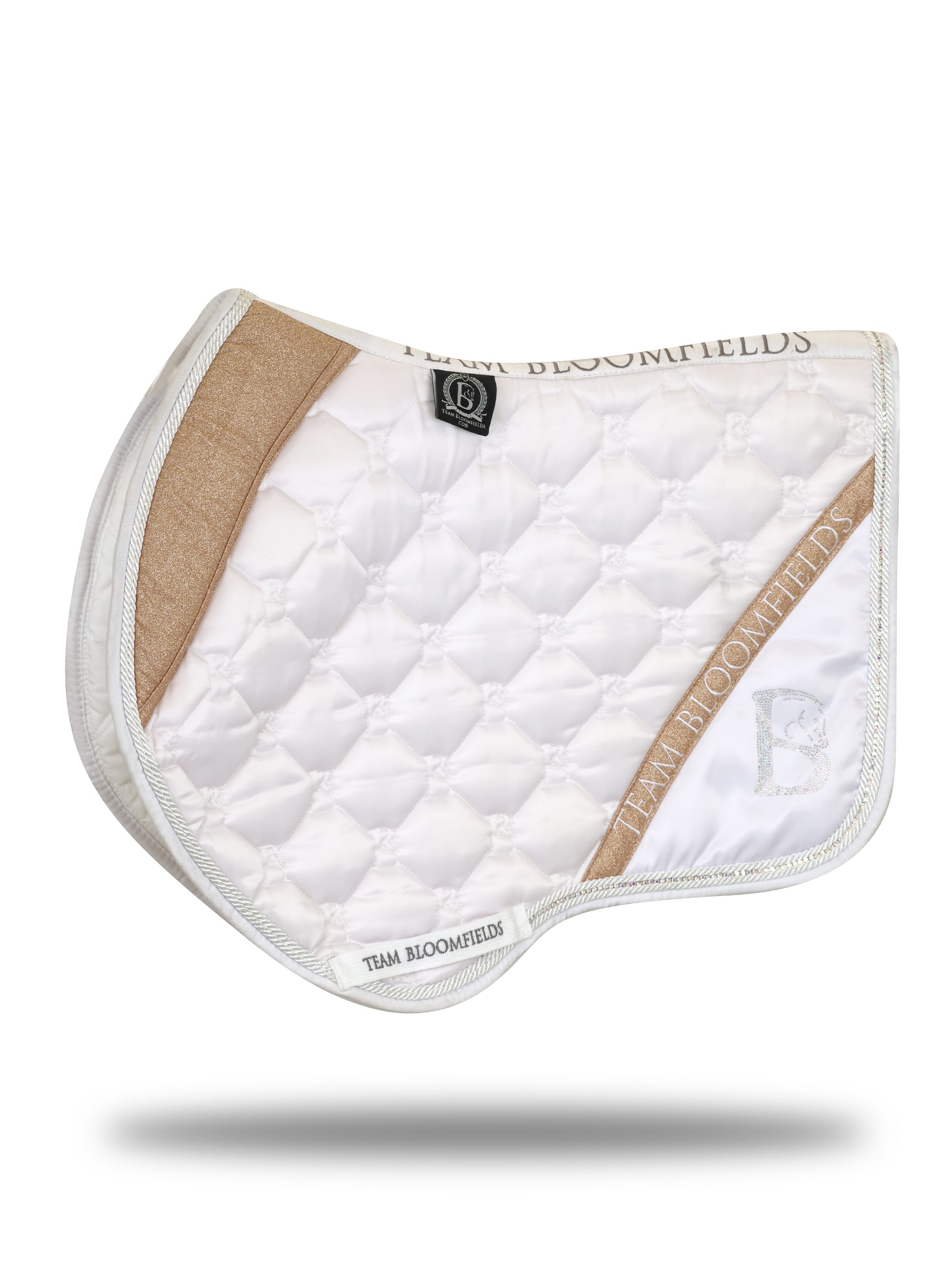 White and rose gold sparkle jump saddle pad with rose gold glitter panel and diamanté Bloomfields B by Team Bloomfields, available in pony cob and full