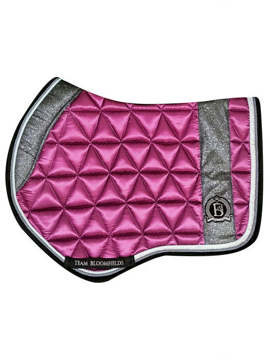 Winter berry jump saddle pad with gunmetal glitter piping and rhinestone Bloomfields logo by Team Bloomfields, available in pony cob and full