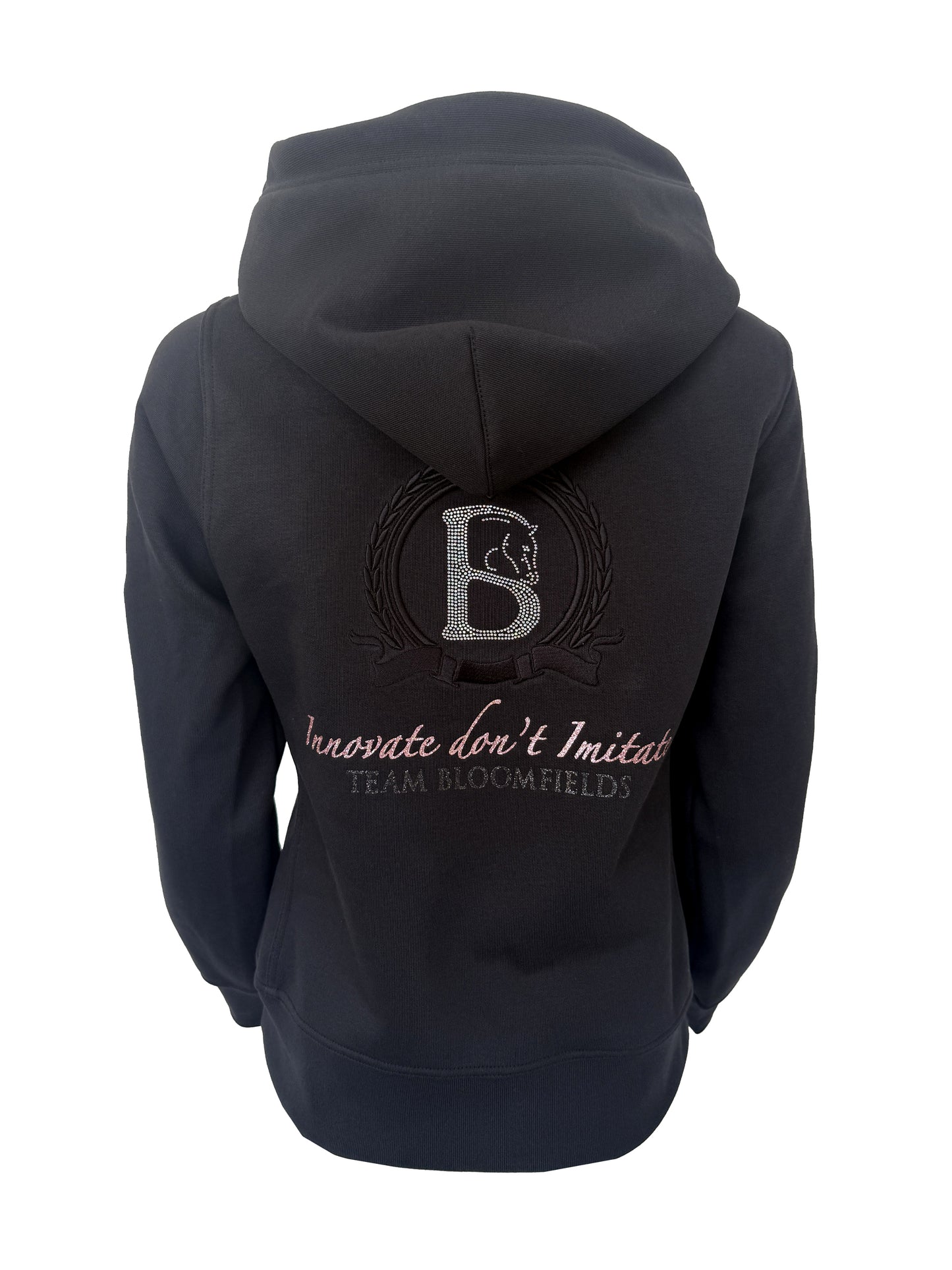 Adelle Black Diamante Cross Necked Hoodie with Pink Branding
